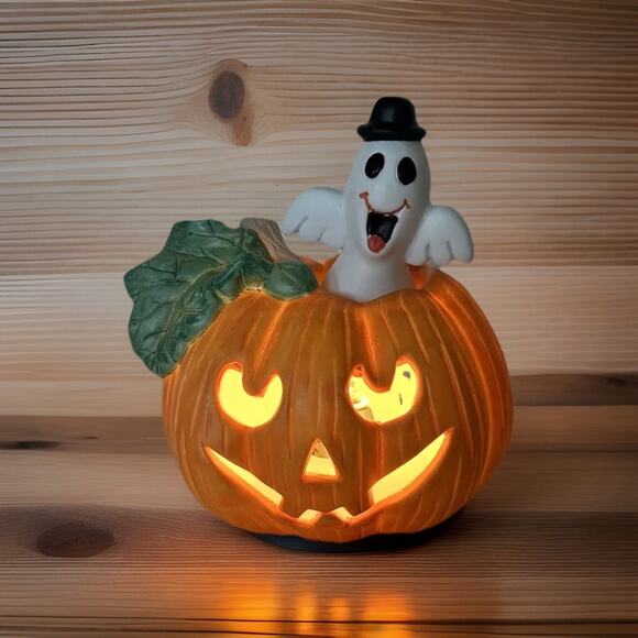 Hand Painted Porcelain Lighted Pumpkin And Ghost. - Picture 1 of 2
